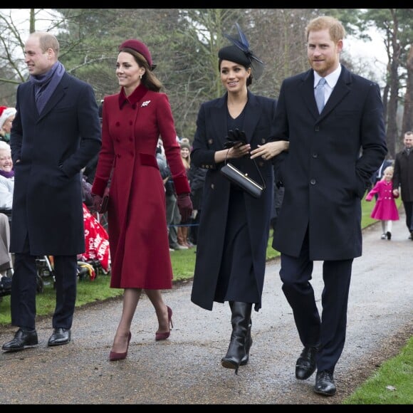 Le prince William et son épouse Kate Middleton, le prince Harry et son épouse Meghan Markle, réunis avec le prince Charles pour Noël à Sandringham, dans le Norfolk, le 25 décembre 2018.