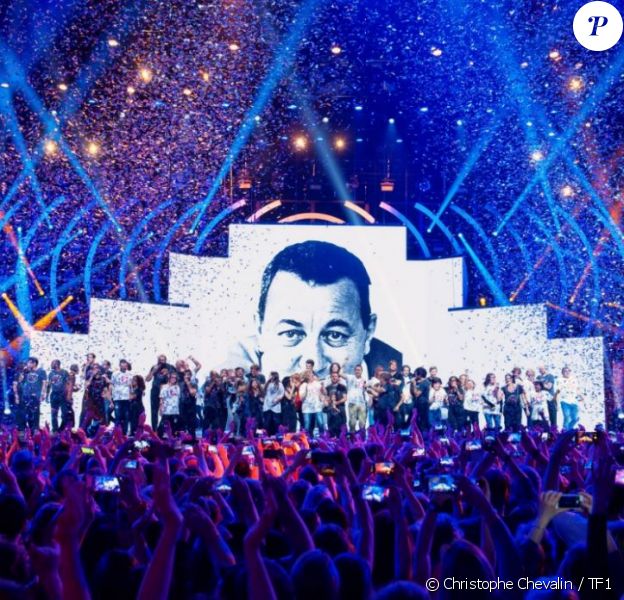La troupe des Enfoirés à l'occasion du spectacle "Musique !" donné à Strasbourg en janvier 2018. Le show a été diffusé sur TF1 le 9 mars 2018