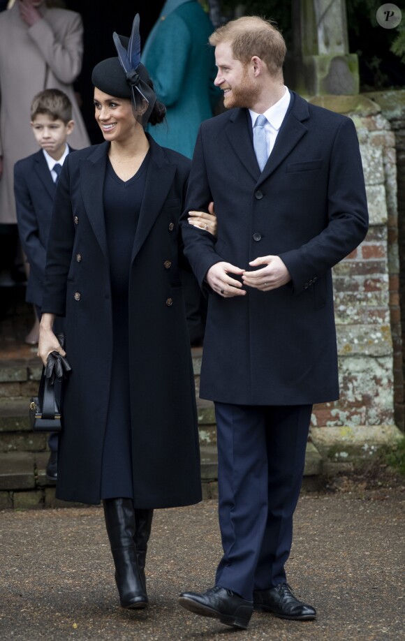 Le prince Harry, duc de Sussex, et Meghan Markle, la duchesse de Sussex enceinte - La famille royale britannique se rend à la messe de Noël à l'église Sainte-Marie-Madeleine à Sandringham, le 25 décembre 2018.