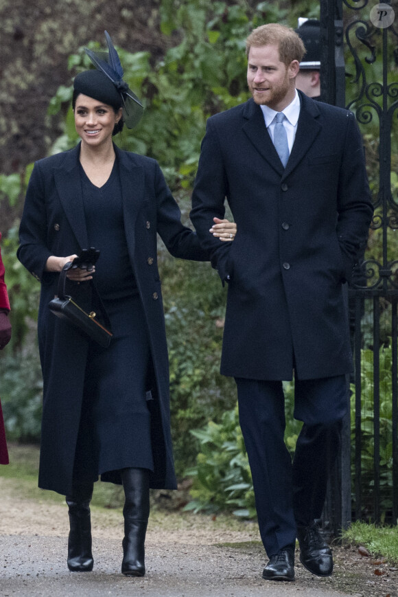 Le prince Harry, duc de Sussex, et Meghan Markle, la duchesse de Sussex enceinte - La famille royale britannique se rend à la messe de Noël à l'église Sainte-Marie-Madeleine à Sandringham, le 25 décembre 2018.
