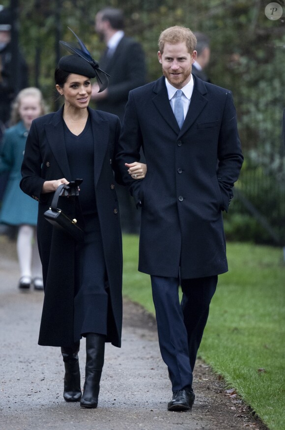 Le prince Harry, duc de Sussex, et Meghan Markle, la duchesse de Sussex enceinte - La famille royale britannique se rend à la messe de Noël à l'église Sainte-Marie-Madeleine à Sandringham, le 25 décembre 2018.