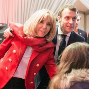 Le président de la république, Emmanuel Macron, et la première dame Brigitte Macron fêtent le Noël de l'Elysée à la Manufacture des Gobelins en raison des travaux dans la salle des fête du palais présidentiel, le 19 décembre 2018. © Stephane Lemouton / Bestimage