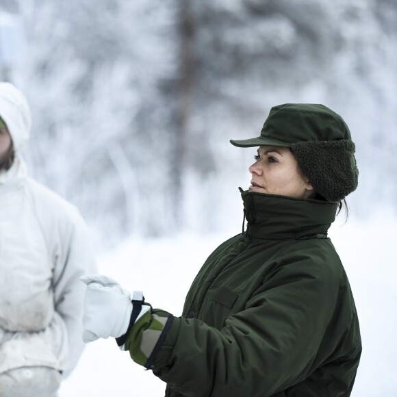 La princesse Victoria de Suède en visite dans un bataillon de chasseurs et une unité hivernale de l'armée à Arvidsjaur, en Laponie, le 23 janvier 2019 par -26°C.