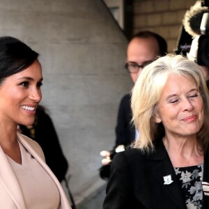 Meghan Markle (enceinte), duchesse de Sussex, à son arrivée au National Theatre à Londres. Le 30 janvier 2019.