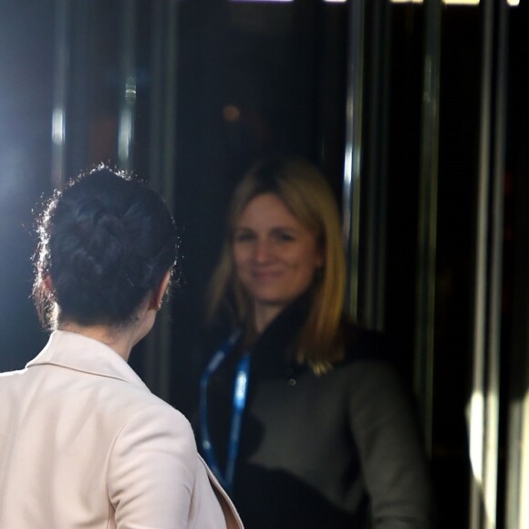 Meghan Markle (enceinte), duchesse de Sussex, à son arrivée au National Theatre à Londres. Le 30 janvier 2019.