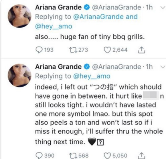 Ariana Grande explique son drôle de tatouage sur Twitter, le 29 janvier 2019.