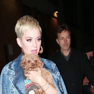 Katy Perry et son petit caniche abricot Nugget à la sortie de l'émission American Idol à New York, le 30 octobre 2018.