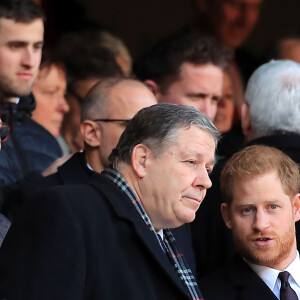 Le prince Harry, duc de Sussex, arrive au stade de Twickenham pour assister au match de rugby Angleterre France à l'occasion du tournoi de six nations à Londres le 10 février, 2019.