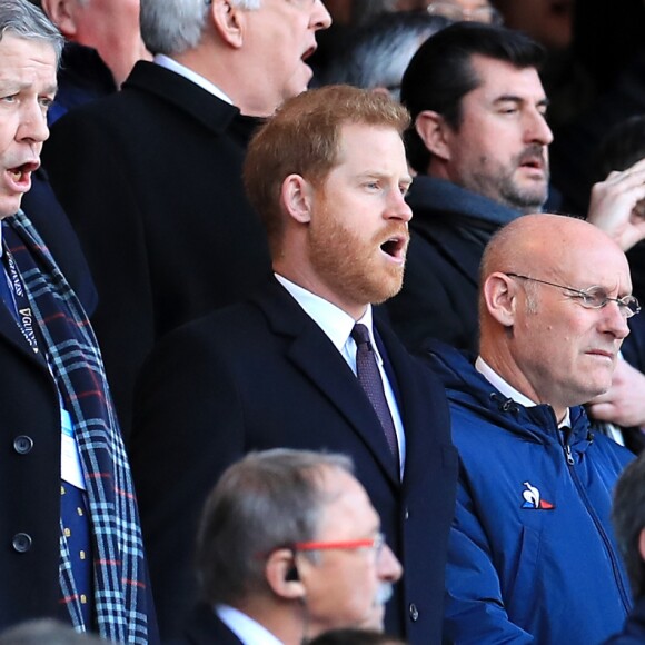 Le prince Harry, duc de Sussex, arrive au stade de Twickenham pour assister au match de rugby Angleterre France à l'occasion du tournoi de six nations à Londres le 10 février, 2019.
