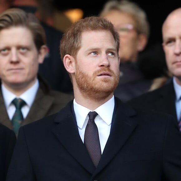 Le prince Harry, duc de Sussex, arrive au stade de Twickenham pour assister au match de rugby Angleterre France à l'occasion du tournoi de six nations à Londres le 10 février, 2019.