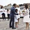 Le prince Joachim et la princesse Marie de Danemark lors de la visite d'Etat d'Emmanuel Macron et sa femme Brigitte, le 29 août 2018 à Copenhague sur le parvis du théâtre royal avant une réception.
