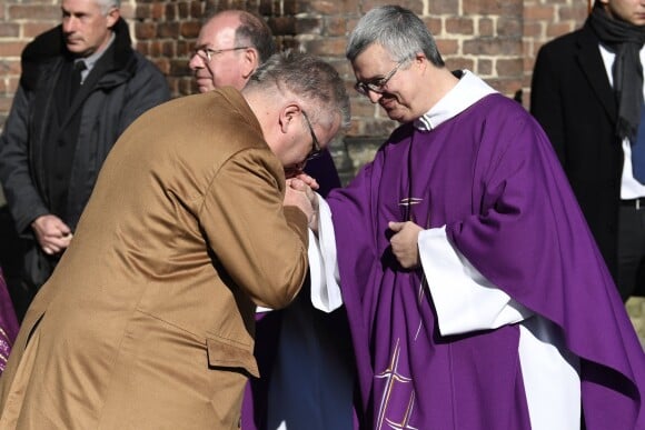Le prince Laurent de Belgique aux obsèques de la princesse Alix de Ligne (née princesse de Luxembourg) le 16 février 2019 en l'église Saint-Pierre à Beloeil, en Belgique.