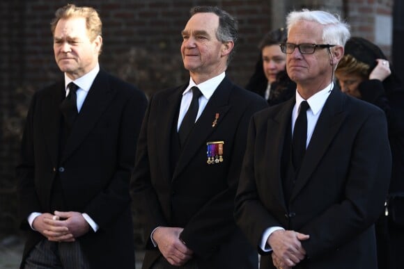 Le prince Michel de Ligne entouré de ses frères le prince Antoine Lamoral et le prince Wauthier aux obsèques de leur mère la princesse Alix de Ligne (née princesse de Luxembourg) le 16 février 2019 en l'église Saint-Pierre à Beloeil, en Belgique.