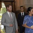  Le prince Harry et Meghan Markle, duchesse de Sussex, enceinte et en robe Carolina Herrera, ont été reçus par le roi Mohammed VI du Maroc et sa famille à la résidence royale à Salé le 25 février 2019 pour une cérémonie du thé et une audience privée, dernier engagement de leurs visite officielle au Maroc. 