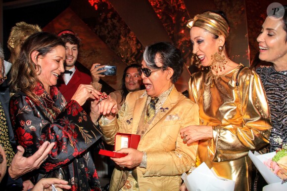 Marpessa Hennink, Kenzo Takada, Pat Cleveland et Cristina Cordula pendant la soirée "Kenzo Takada's Birthday Night" pour fêter les 80 ans de Kenzo Takada au Pavillon Ledoyen à Paris, France, le 28 février 2019. © Philippe Baldini/Bestimage