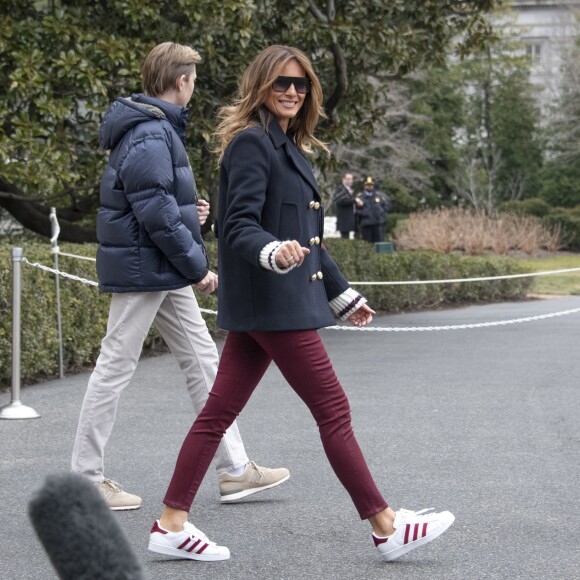 Donald Trump, Melania et Barron Trump quittent la Maison Blanche pour se rendre en Alabama, le 8 mars 2019.