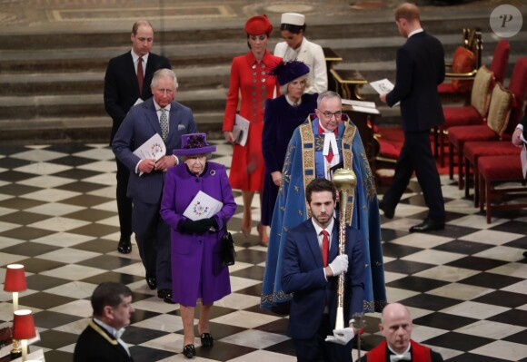 La reine Elisabeth II d'Angleterre, le prince Charles, prince de Galles, et Camilla Parker Bowles, duchesse de Cornouailles, le prince William, duc de Cambridge, et Catherine (Kate) Middleton, duchesse de Cambridge, le prince Harry, duc de Sussex, et Meghan Markle, duchesse de Sussex, enceinte, - La famille royale britannique à la messe en l'honneur de la journée du Commonwealth à l'abbaye de Westminster à Londres, Royaume Uni, le 11 mars 2019.