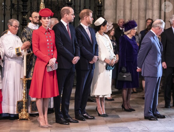 Le prince William, duc de Cambridge, Catherine (Kate) Middleton, duchesse de Cambridge, le prince Harry, duc de Sussex, et Meghan Markle, duchesse de Sussex, enceinte, le prince Charles, prince de Galles, et Camilla Parker Bowles, duchesse de Cornouailles, - La famille royale britannique à la messe en l'honneur de la journée du Commonwealth à l'abbaye de Westminster à Londres, Royaume Uni, le 11 mars 2019.