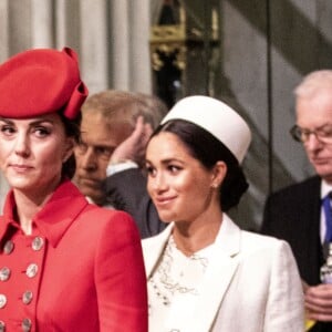 Catherine Kate Middleton, duchesse de Cambridge, Meghan Markle, enceinte, duchesse de Sussex lors de la messe en l'honneur de la journée du Commonwealth à l'abbaye de Westminster à Londres le 11 mars 2019.