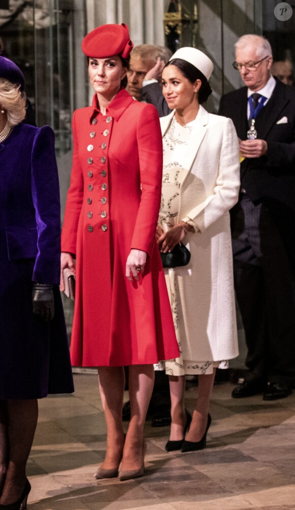 Catherine Kate Middleton, duchesse de Cambridge, Meghan Markle, enceinte, duchesse de Sussex lors de la messe en l'honneur de la journée du Commonwealth à l'abbaye de Westminster à Londres le 11 mars 2019.