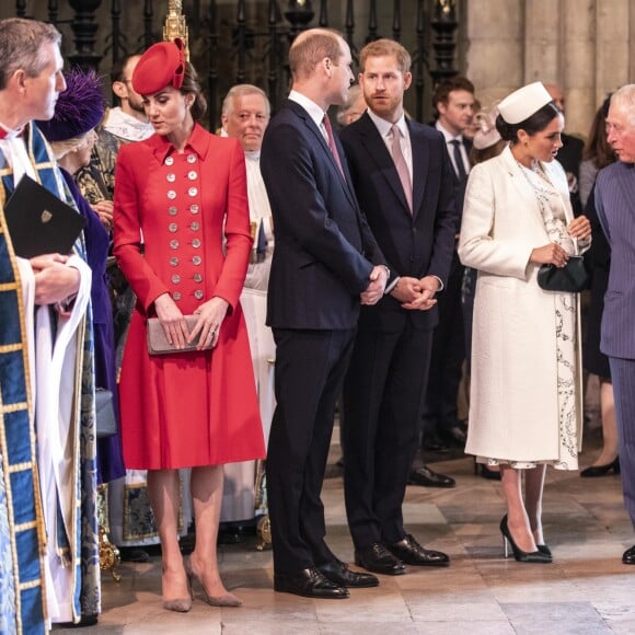 Catherine Kate Middleton, duchesse de Cambridge, le prince William, duc de Cambridge, le prince Harry, duc de Sussex, Meghan Markle, enceinte, duchesse de Sussex, le prince Charles, prince de Galles lors de la messe en l'honneur de la journée du Commonwealth à l'abbaye de Westminster à Londres le 11 mars 2019.