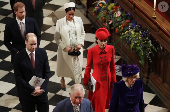 Le prince Harry, duc de Sussex, le prince William, duc de Cambridge, Meghan Markle, enceinte, duchesse de Sussex, Catherine Kate Middleton, duchesse de Cambridge lors de la messe en l'honneur de la journée du Commonwealth à l'abbaye de Westminster à Londres le 11 mars 2019.