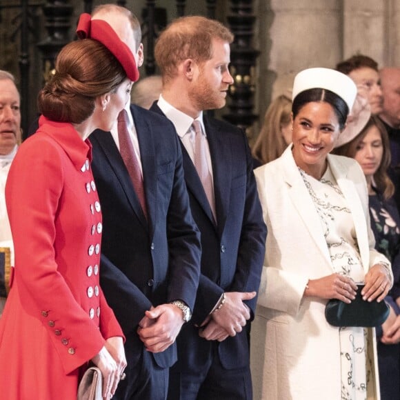 Catherine Kate Middleton, duchesse de Cambridge, le prince William, duc de Cambridge, le prince Harry, duc de Sussex, Meghan Markle, enceinte, duchesse de Sussex lors de la messe en l'honneur de la journée du Commonwealth à l'abbaye de Westminster à Londres le 11 mars 2019.