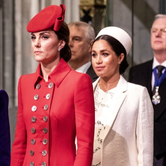 Catherine Kate Middleton, duchesse de Cambridge, Meghan Markle, enceinte, duchesse de Sussex lors de la messe en l'honneur de la journée du Commonwealth à l'abbaye de Westminster à Londres le 11 mars 2019.