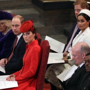 Camilla Parker Bowles, duchesse de Cornouailles, Le prince Williams, duc de Cambridge, Catherine Kate Middletton, duchesse de Cambridge, le prince Harry, duc de Sussex, Meghan Markle, duchesse de Sussex lors de la messe en l'honneur de la journée du Commonwealth à l'abbaye de Westminster à Londres le 11 mars 2019.