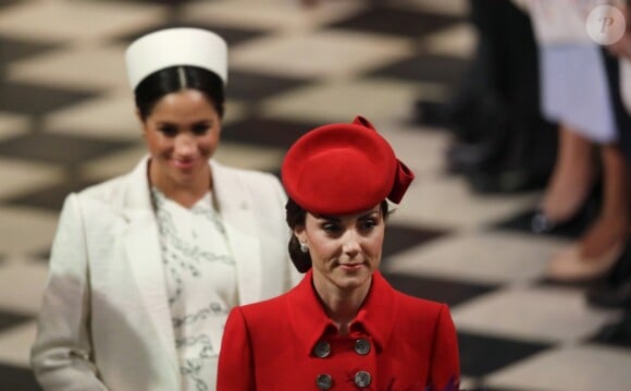 Catherine Kate Middleton, duchesse de Cambridge, Meghan Markle, enceinte, duchesse de Sussex lors de la messe en l'honneur de la journée du Commonwealth à l'abbaye de Westminster à Londres le 11 mars 2019.