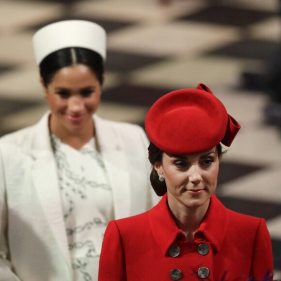 Catherine Kate Middleton, duchesse de Cambridge, Meghan Markle, enceinte, duchesse de Sussex lors de la messe en l'honneur de la journée du Commonwealth à l'abbaye de Westminster à Londres le 11 mars 2019.