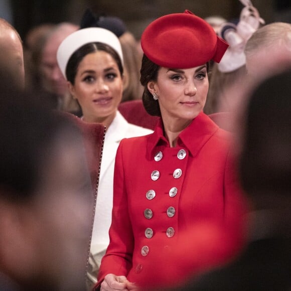 Catherine Kate Middleton, duchesse de Cambridge, Meghan Markle, enceinte, duchesse de Sussex lors de la messe en l'honneur de la journée du Commonwealth à l'abbaye de Westminster à Londres le 11 mars 2019.