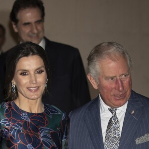 La reine Letizia d'Espagne (robe Carolina Herrera) inaugurait le 13 mars 2019 avec le prince Charles l'exposition "Sorolla: Spanish Master of Light" à la National Gallery à Londres.