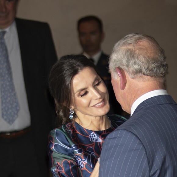 La reine Letizia d'Espagne (robe Carolina Herrera) inaugurait le 13 mars 2019 avec le prince Charles l'exposition "Sorolla: Spanish Master of Light" à la National Gallery à Londres.