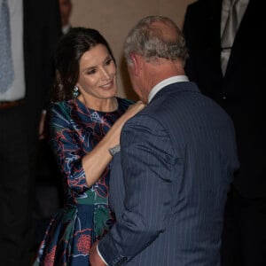 La reine Letizia d'Espagne (robe Carolina Herrera) inaugurait le 13 mars 2019 avec le prince Charles l'exposition "Sorolla: Spanish Master of Light" à la National Gallery à Londres.