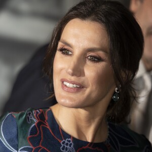 La reine Letizia d'Espagne (robe Carolina Herrera) inaugurait le 13 mars 2019 avec le prince Charles l'exposition "Sorolla: Spanish Master of Light" à la National Gallery à Londres.