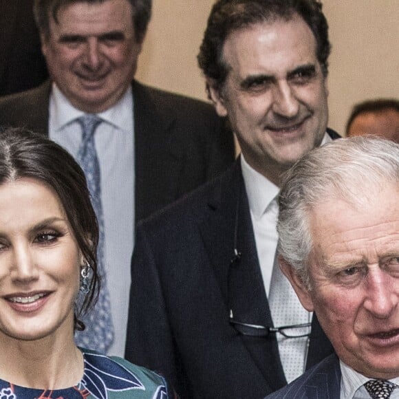 La reine Letizia d'Espagne (robe Carolina Herrera) inaugurait le 13 mars 2019 avec le prince Charles l'exposition "Sorolla: Spanish Master of Light" à la National Gallery à Londres.