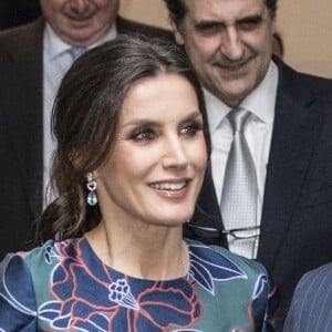 La reine Letizia d'Espagne (robe Carolina Herrera) inaugurait le 13 mars 2019 avec le prince Charles l'exposition "Sorolla: Spanish Master of Light" à la National Gallery à Londres.