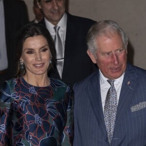 La reine Letizia d'Espagne (robe Carolina Herrera) inaugurait le 13 mars 2019 avec le prince Charles l'exposition "Sorolla: Spanish Master of Light" à la National Gallery à Londres.