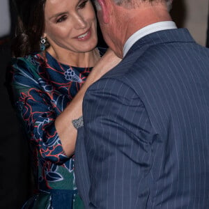 La reine Letizia d'Espagne (robe Carolina Herrera) inaugurait le 13 mars 2019 avec le prince Charles l'exposition "Sorolla: Spanish Master of Light" à la National Gallery à Londres.