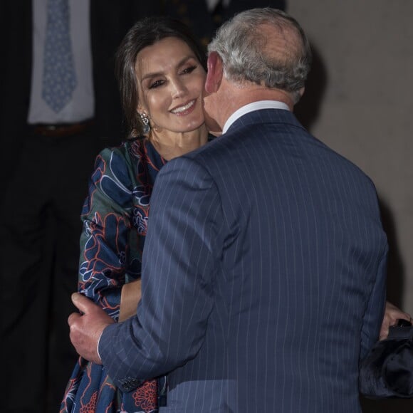 La reine Letizia d'Espagne (robe Carolina Herrera) inaugurait le 13 mars 2019 avec le prince Charles l'exposition "Sorolla: Spanish Master of Light" à la National Gallery à Londres.