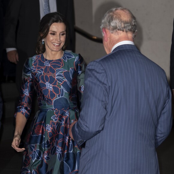 La reine Letizia d'Espagne (robe Carolina Herrera) inaugurait le 13 mars 2019 avec le prince Charles l'exposition "Sorolla: Spanish Master of Light" à la National Gallery à Londres.