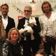 Sébastien Jondeau et sa compagne Lucy, Karl Lagerfeld, sa chatte Choupette, Brad et Nicole Kroenig et leurs deux enfants Hudson et Jameson. Août 2018.
