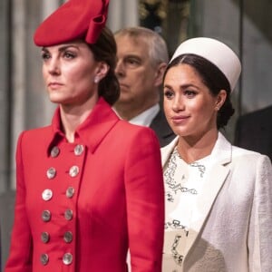 Catherine Kate Middleton, duchesse de Cambridge, Meghan Markle, enceinte, duchesse de Sussex lors de la messe en l'honneur de la journée du Commonwealth à l'abbaye de Westminster à Londres le 11 mars 2019.