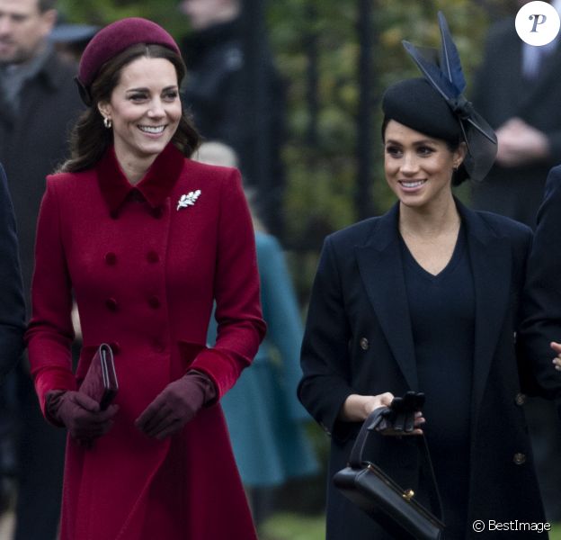 Catherine Kate Middleton, la duchesse de Cambridge et Meghan Markle, la duchesse de Sussex enceinte - La famille royale britannique se rend à la messe de Noël à l'église Sainte-Marie-Madeleine à Sandringham, le 25 décembre 2018.