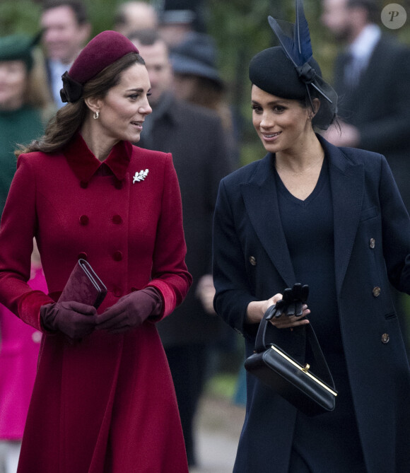 Catherine Kate Middleton, la duchesse de Cambridge et Meghan Markle, la duchesse de Sussex enceinte - La famille royale britannique se rend à la messe de Noël à l'église Sainte-Marie-Madeleine à Sandringham, le 25 décembre 2018.