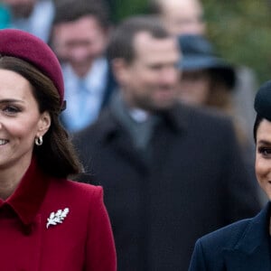 Catherine Kate Middleton, la duchesse de Cambridge et Meghan Markle, la duchesse de Sussex enceinte - La famille royale britannique se rend à la messe de Noël à l'église Sainte-Marie-Madeleine à Sandringham, le 25 décembre 2018.