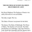 Communiqué de la monarchie britannique concernant la naissance, le 6 mai 2019, du premier enfant du prince Harry et de Meghan Markle, duchesse de Sussex.