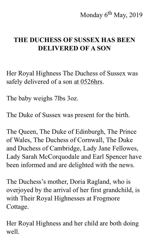 Communiqué de la monarchie britannique concernant la naissance, le 6 mai 2019, du premier enfant du prince Harry et de Meghan Markle, duchesse de Sussex.