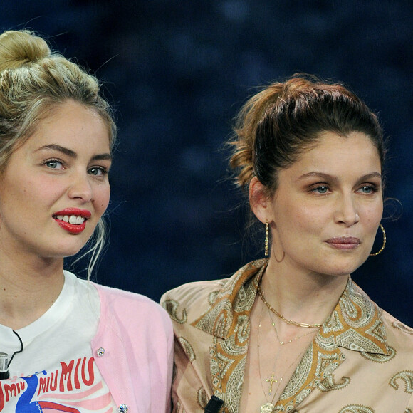 Les soeurs Marie-Ange et Laetitia Casta - Enregistrement de l'émission "Che Temp Che Fa" à Milan en Italie le 7 avril 2019